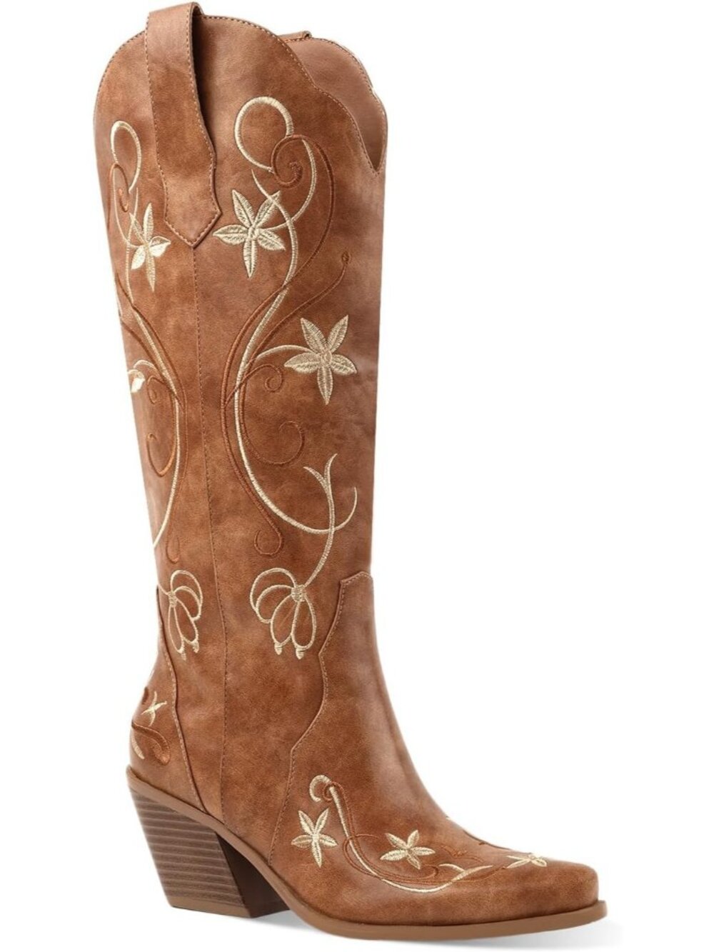 Women's Floral Embroidered Brown Western Boots with Side Zipper for Concert